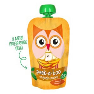 Детское органическое пюре Peek-a-boo из груш и манго, с 6 мес., 113г.